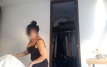 Maid has huge natural breasts and lets her boss squeeze them as she loves it